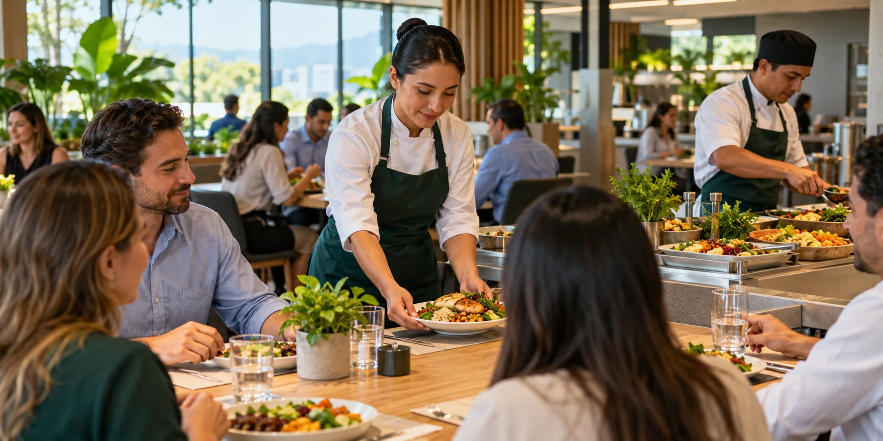 Equipo de hospitalidad sirviendo almuerzos frescos en una cafetería corporativa