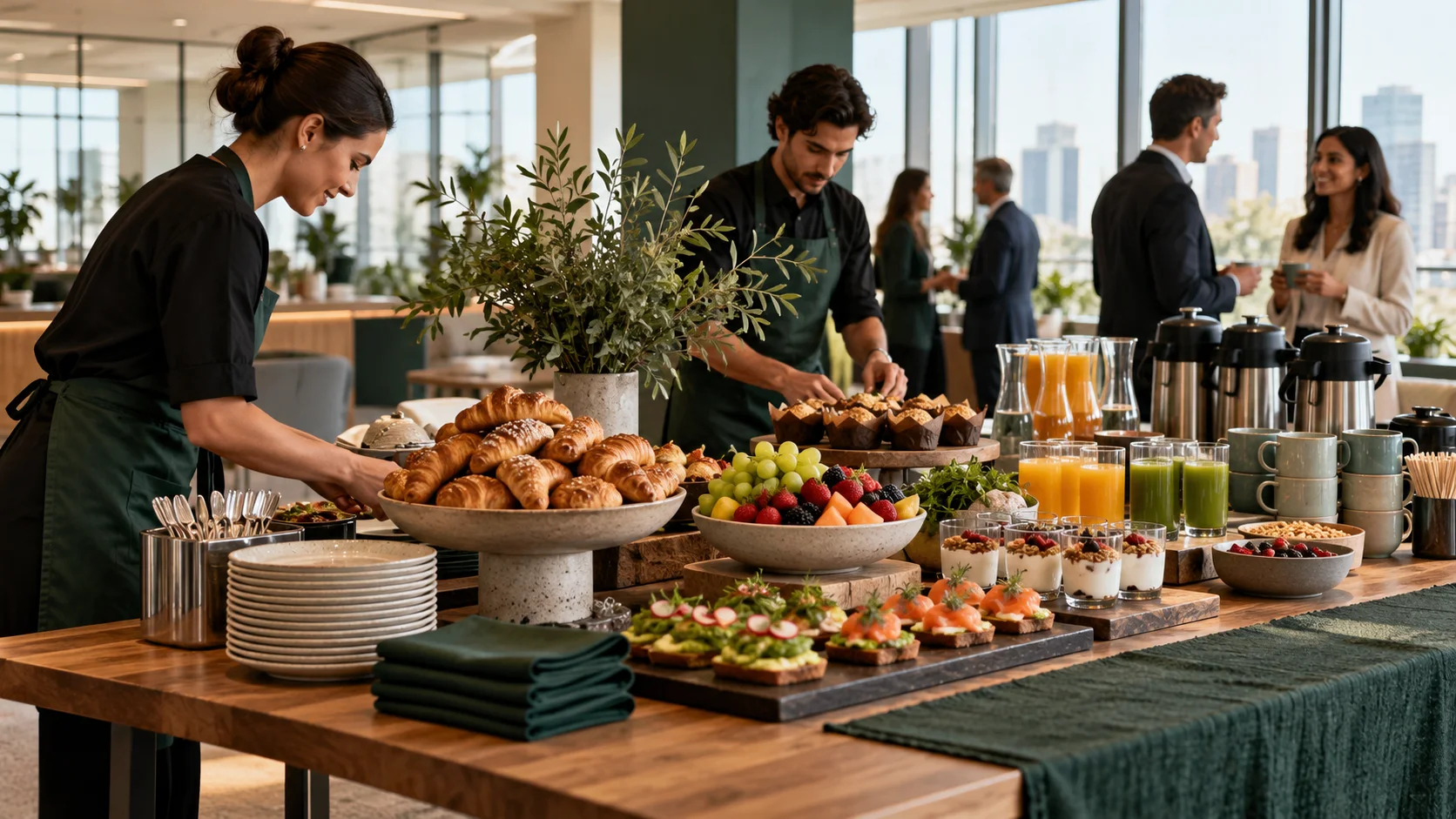 Equipo preparando un desayuno corporativo boutique con alimentos frescos